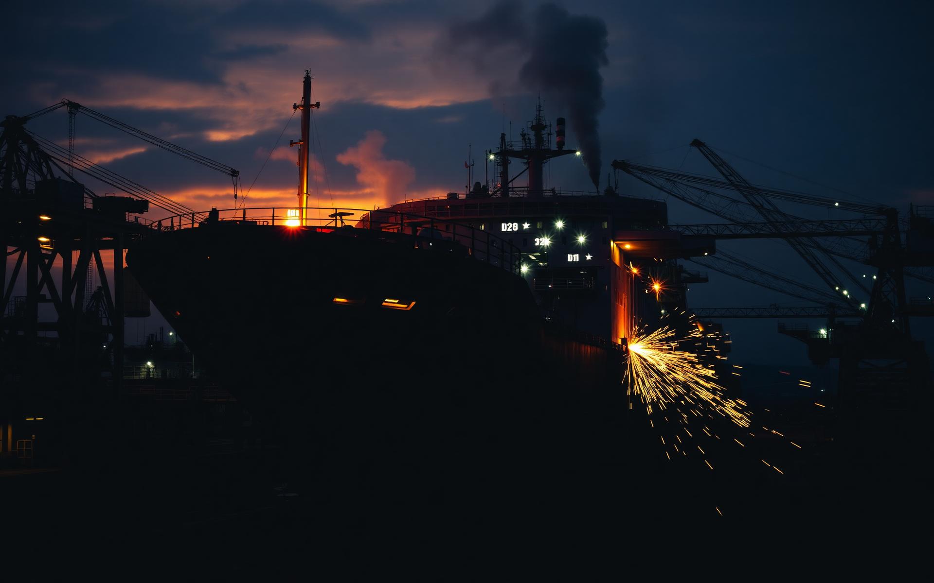 Chantier naval au coucher du soleil